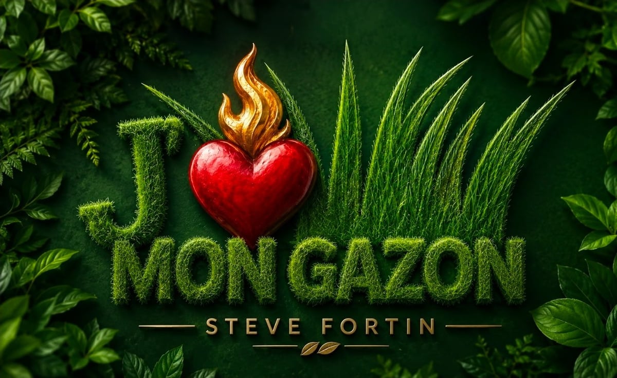 Logo for Mon Gazon by Steve Fortin featuring a flaming red heart surrounded by green foliage and grass text design